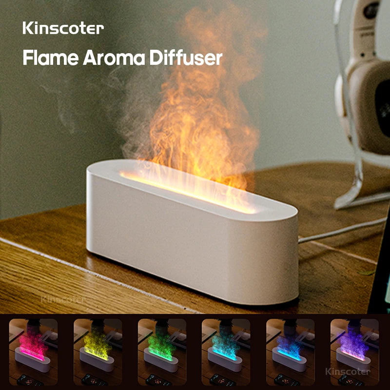 KINSCOTER RGB Flame Aroma Diffuser Air Humidifier Ultrasonic Cool Mist Maker Fogger LED Essential Oil Fire LED Lamp Difusor Gift